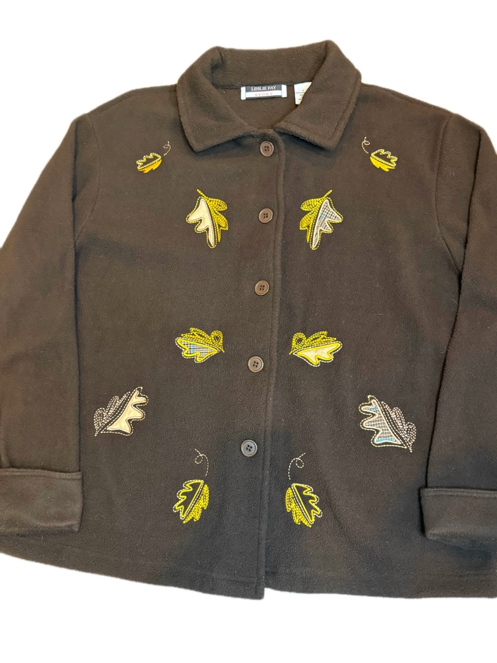 Leslie Fay Dark Brown Pea Coat with Yellow & Cream Leaf Appliqués - Picture 2 of 10